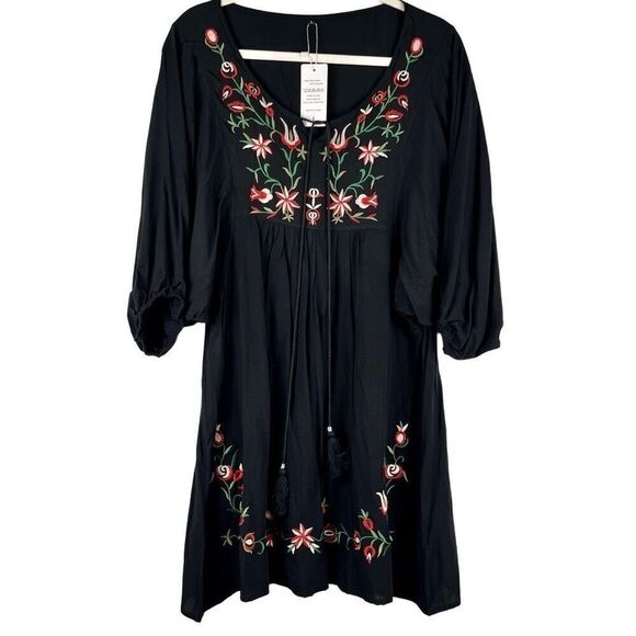 NWT Futurino Black Bohemian Crew Neck Shift Dress Large - Picture 1 of 11